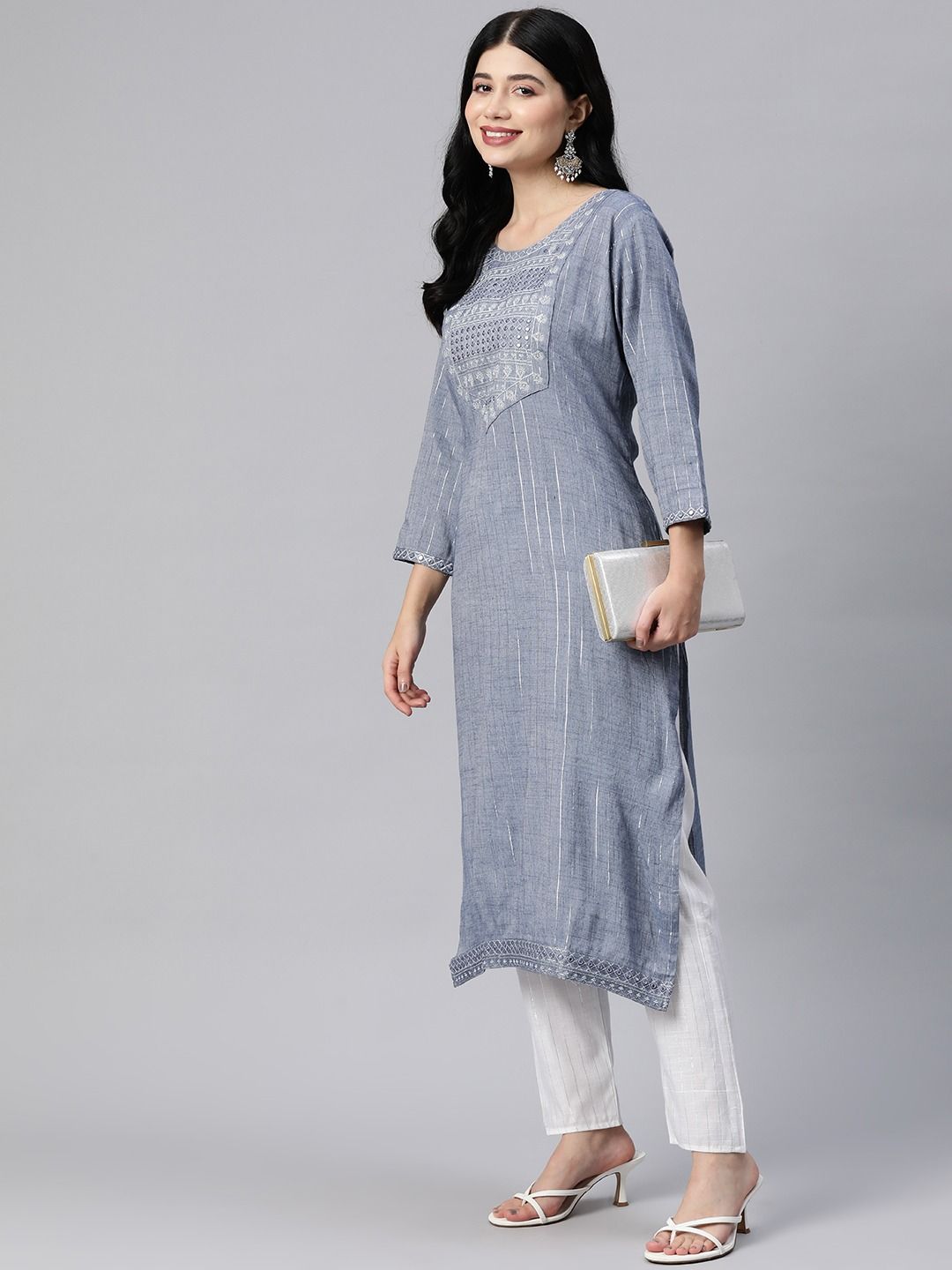 Straight Style Cotton Blend Fabric Grey Color Kurta With Bottom