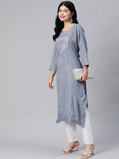 Straight Style Cotton Blend Fabric Grey Color Kurta With Bottom