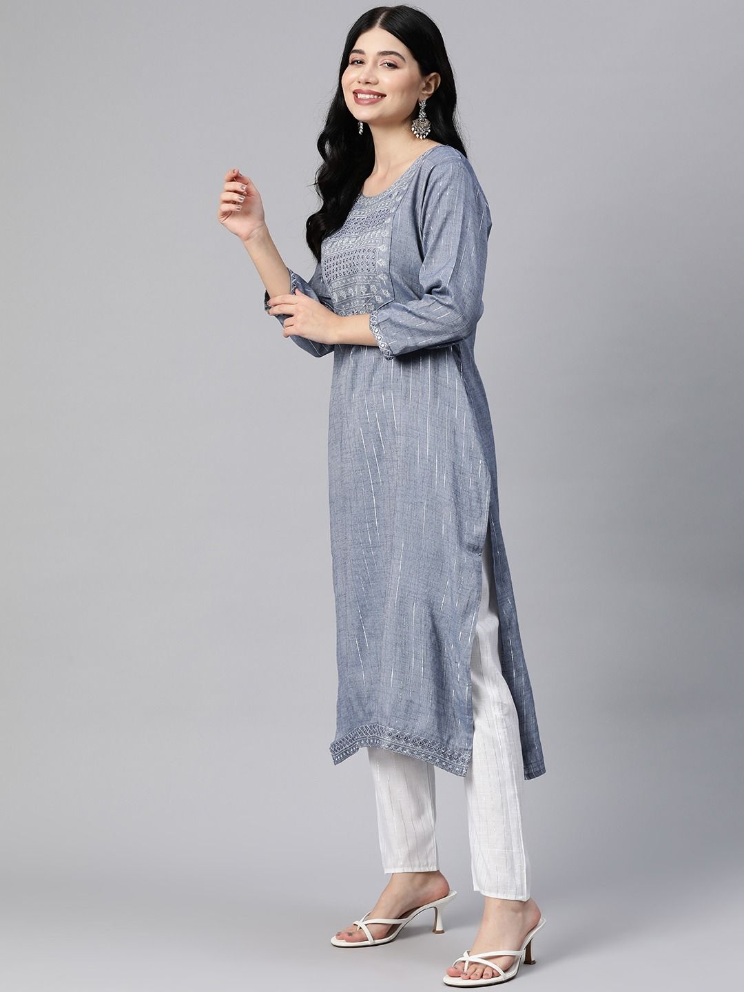 Straight Style Cotton Blend Fabric Grey Color Kurta With Bottom