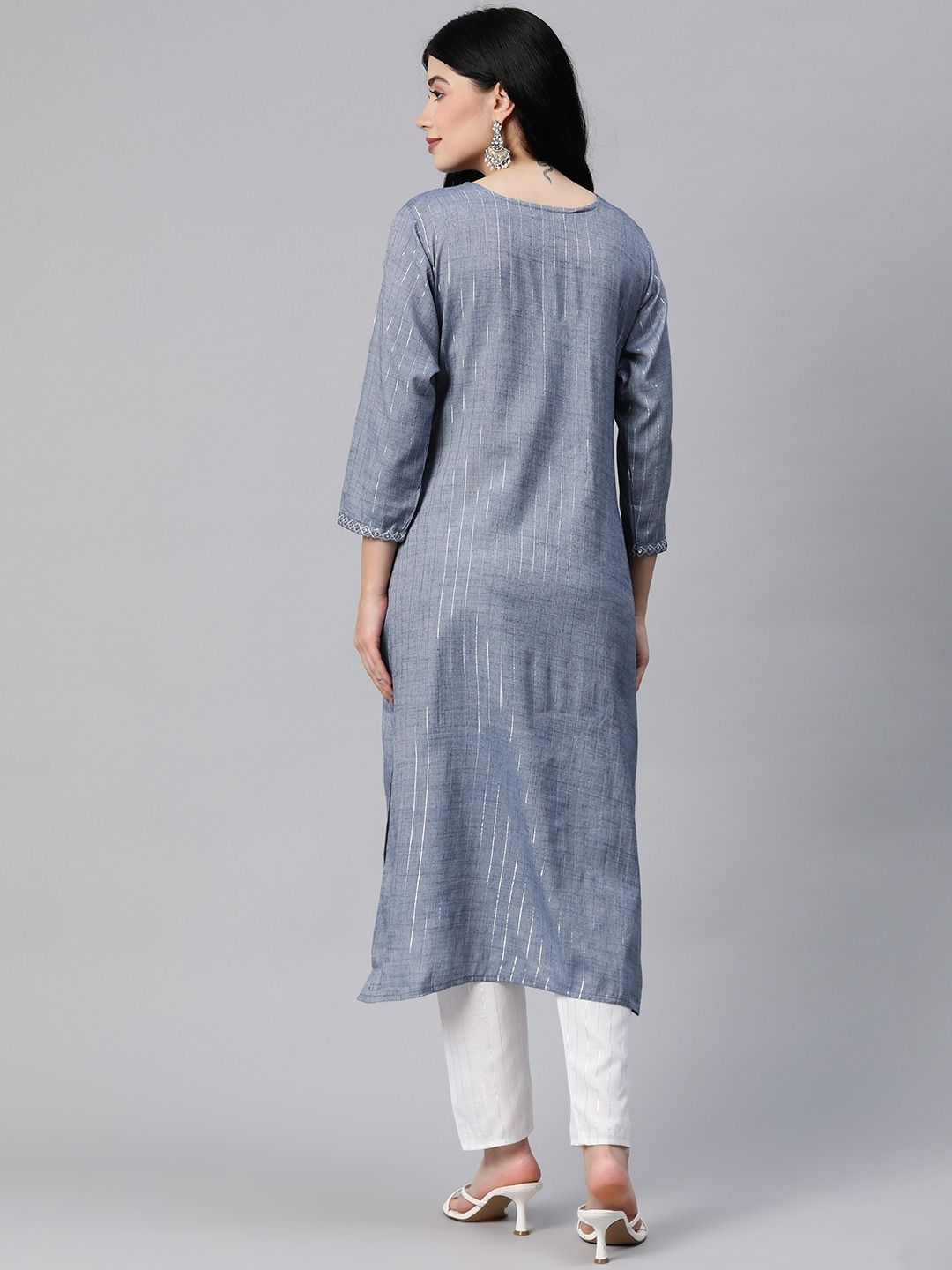 Straight Style Cotton Blend Fabric Grey Color Kurta With Bottom