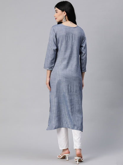 Straight Style Cotton Blend Fabric Grey Color Kurta With Bottom