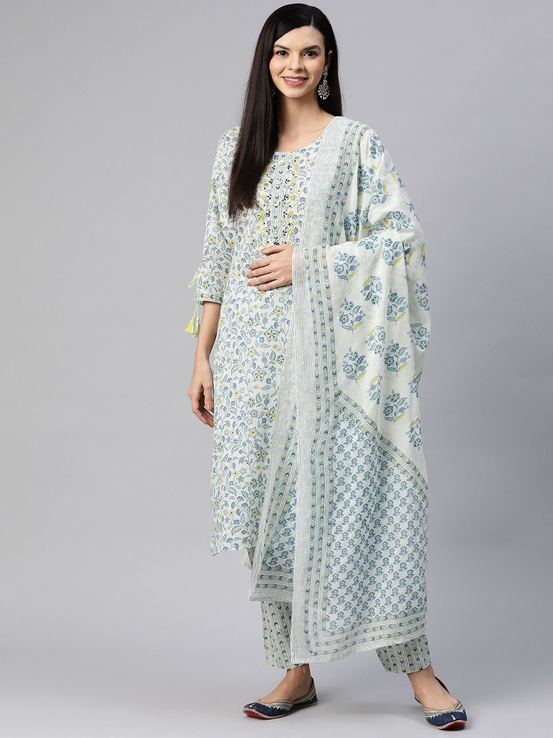 Straight Style Cotton Fabric Grey Color Kurta With Bottom & Dupatta