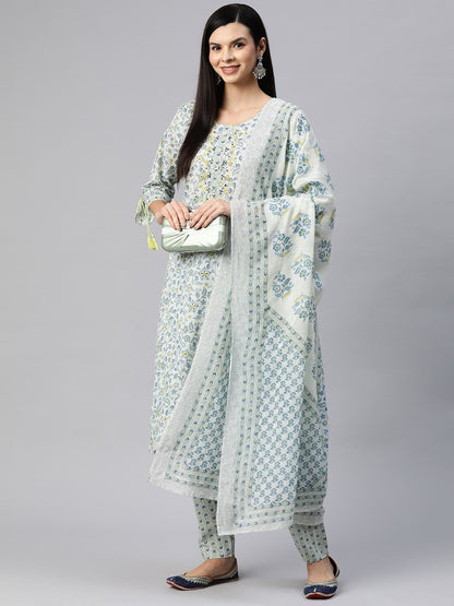 Straight Style Cotton Fabric Grey Color Kurta With Bottom & Dupatta