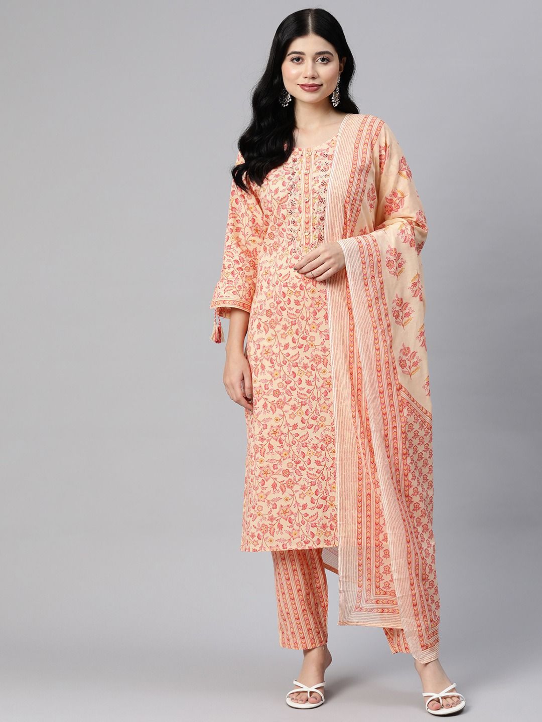 Straight Style Cotton Fabric Orange Color Kurta With Bottom & Dupatta