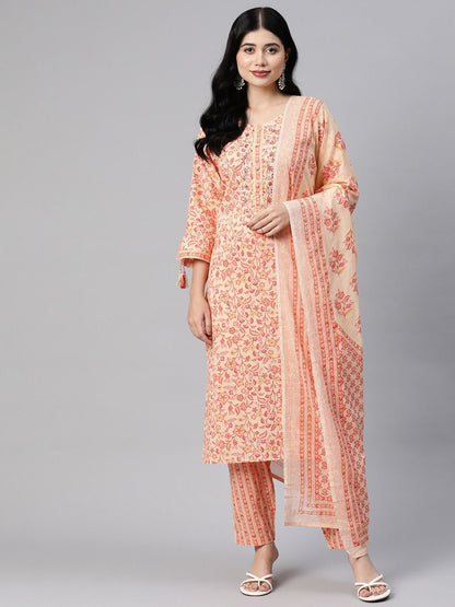 Straight Style Cotton Fabric Orange Color Kurta With Bottom & Dupatta
