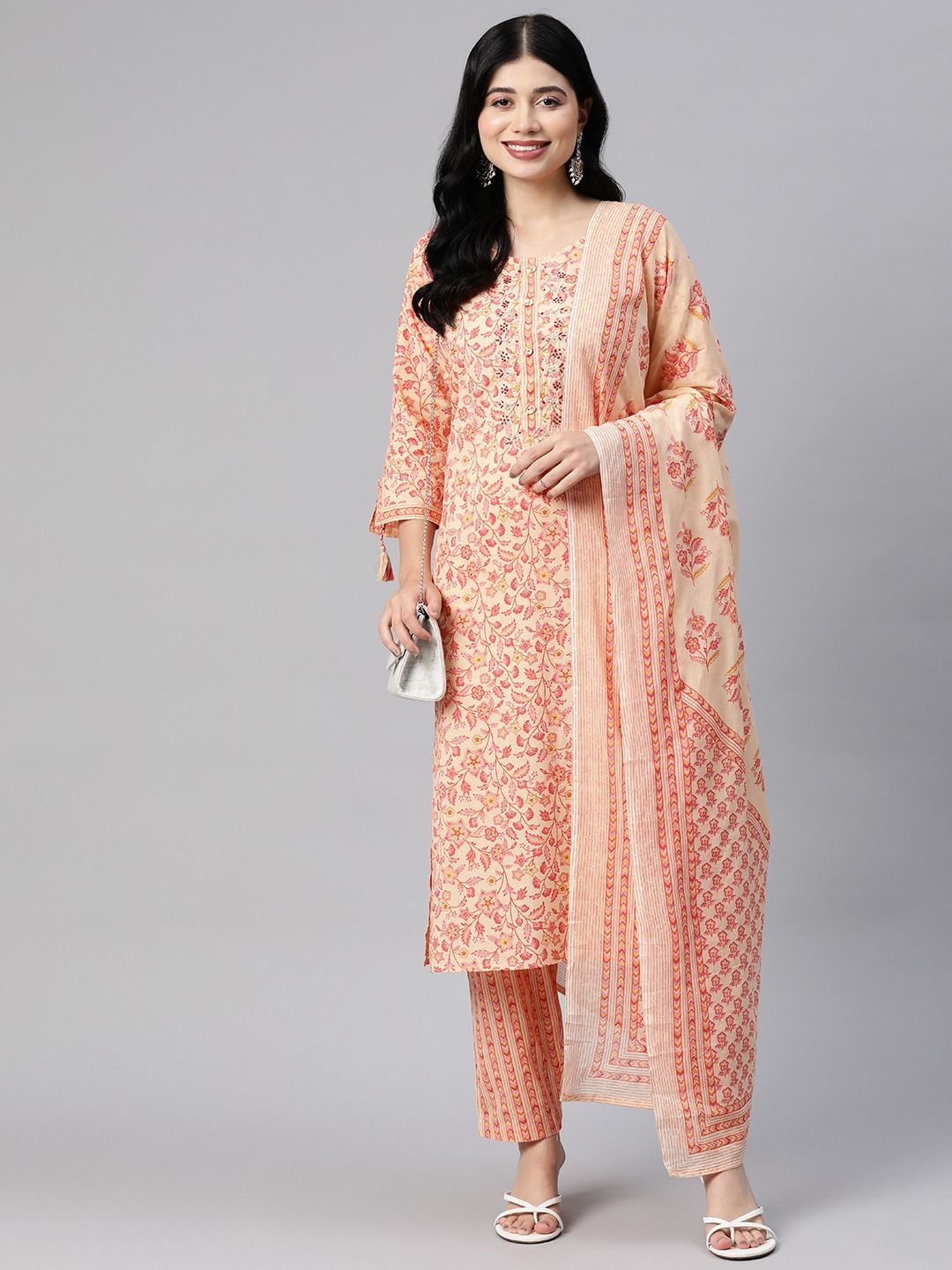 Straight Style Cotton Fabric Orange Color Kurta With Bottom & Dupatta