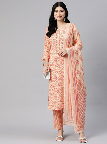 Straight Style Cotton Fabric Orange Color Kurta With Bottom & Dupatta