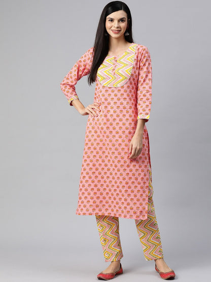 Straight Style Cotton Fabric Orange Color Kurta With Bottom
