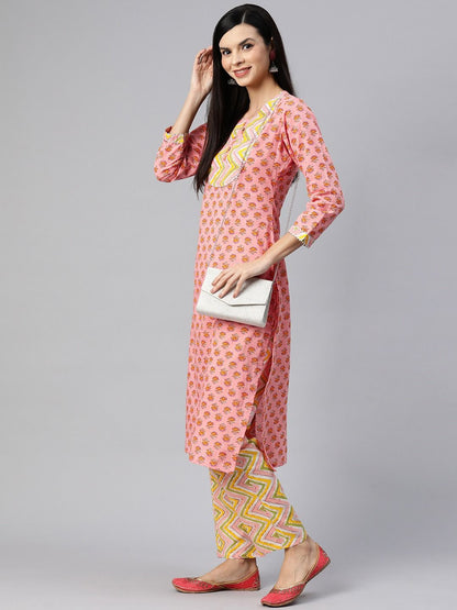 Straight Style Cotton Fabric Orange Color Kurta With Bottom