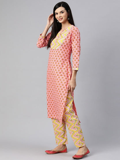 Straight Style Cotton Fabric Orange Color Kurta With Bottom
