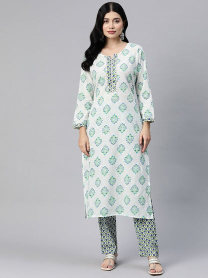 Straight Style Cotton Fabric Blue Color Kurta With Bottom