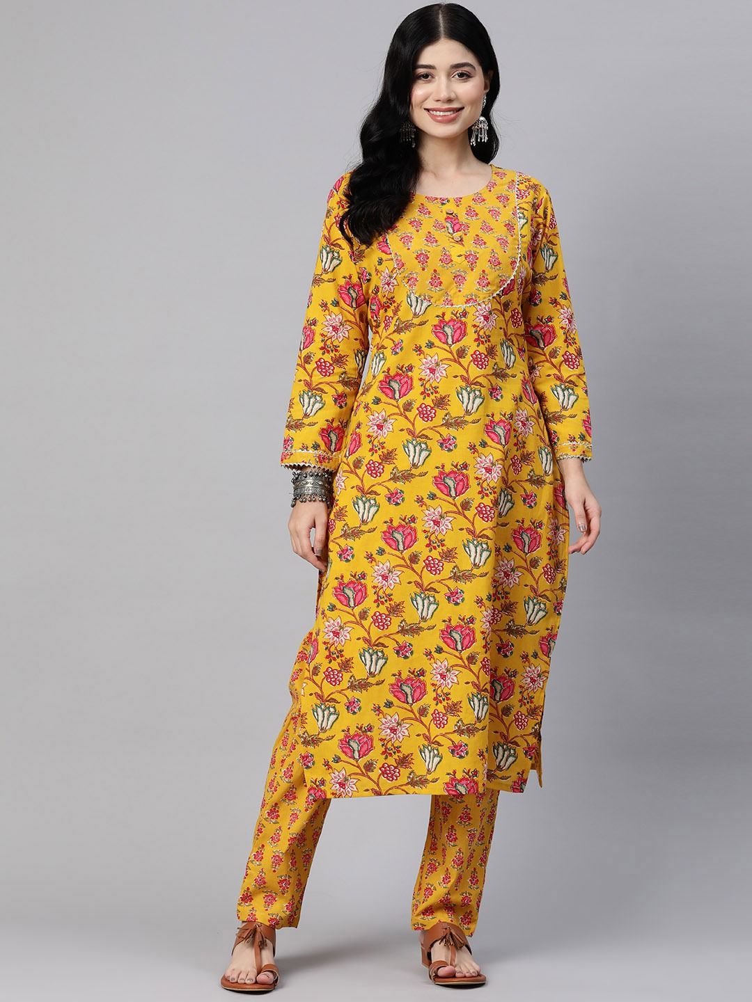 Straight Style Cotton Fabric Mustard Color Kurta With Bottom