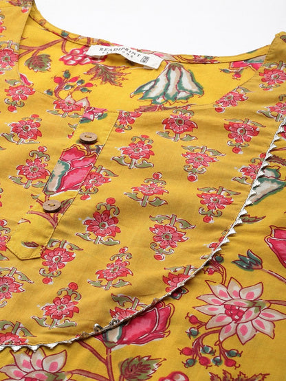 Straight Style Cotton Fabric Mustard Color Kurta With Bottom