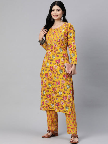 Straight Style Cotton Fabric Mustard Color Kurta With Bottom