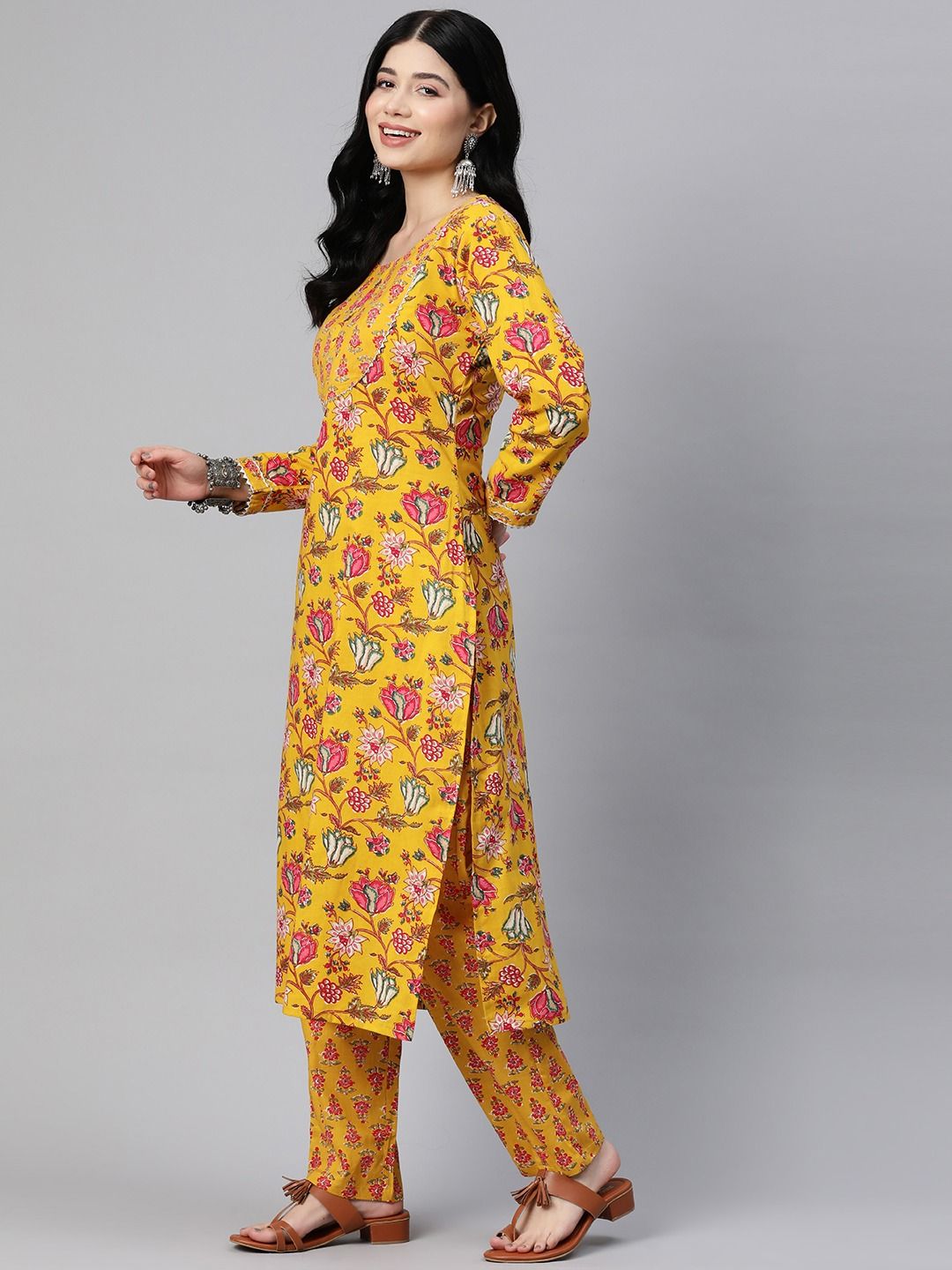 Straight Style Cotton Fabric Mustard Color Kurta With Bottom