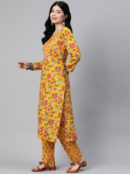 Straight Style Cotton Fabric Mustard Color Kurta With Bottom