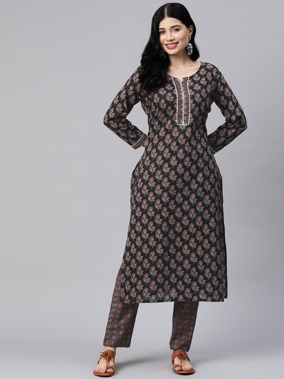 Straight Style Cotton Fabric Black Color Kurta With Bottom