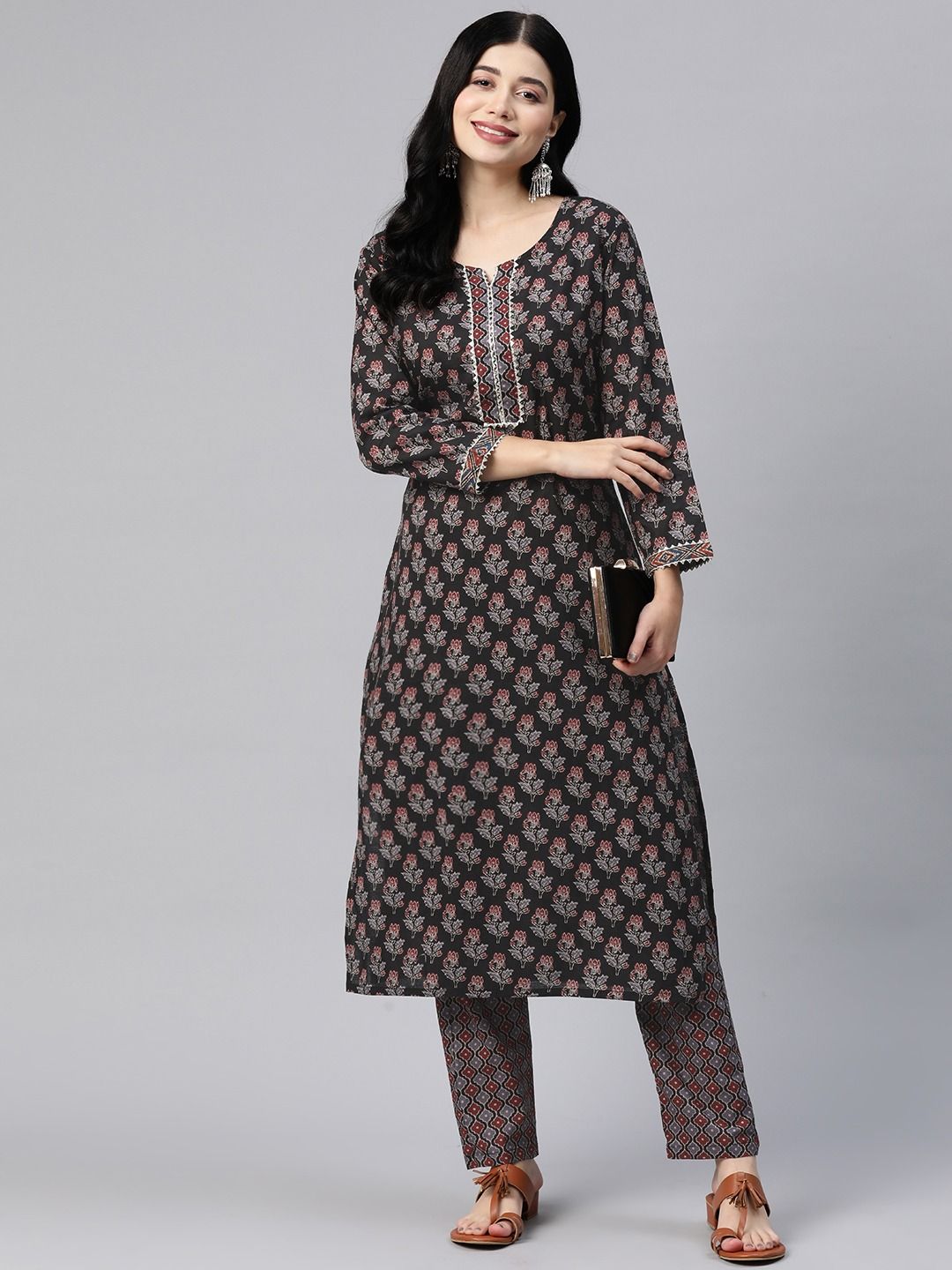 Straight Style Cotton Fabric Black Color Kurta With Bottom