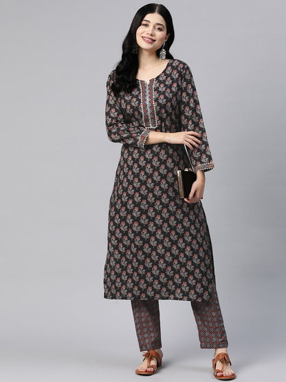 Straight Style Cotton Fabric Black Color Kurta With Bottom
