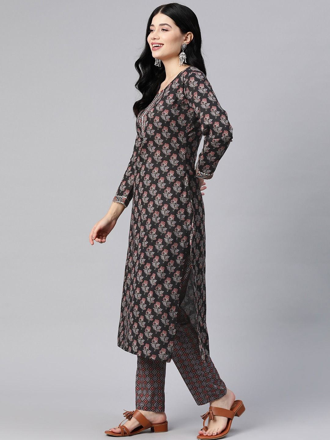 Straight Style Cotton Fabric Black Color Kurta With Bottom