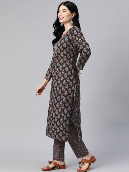 Straight Style Cotton Fabric Black Color Kurta With Bottom