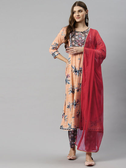 Anarkali Style Rayon Fabric Peach Color Kurta And Bottom With Dupatta