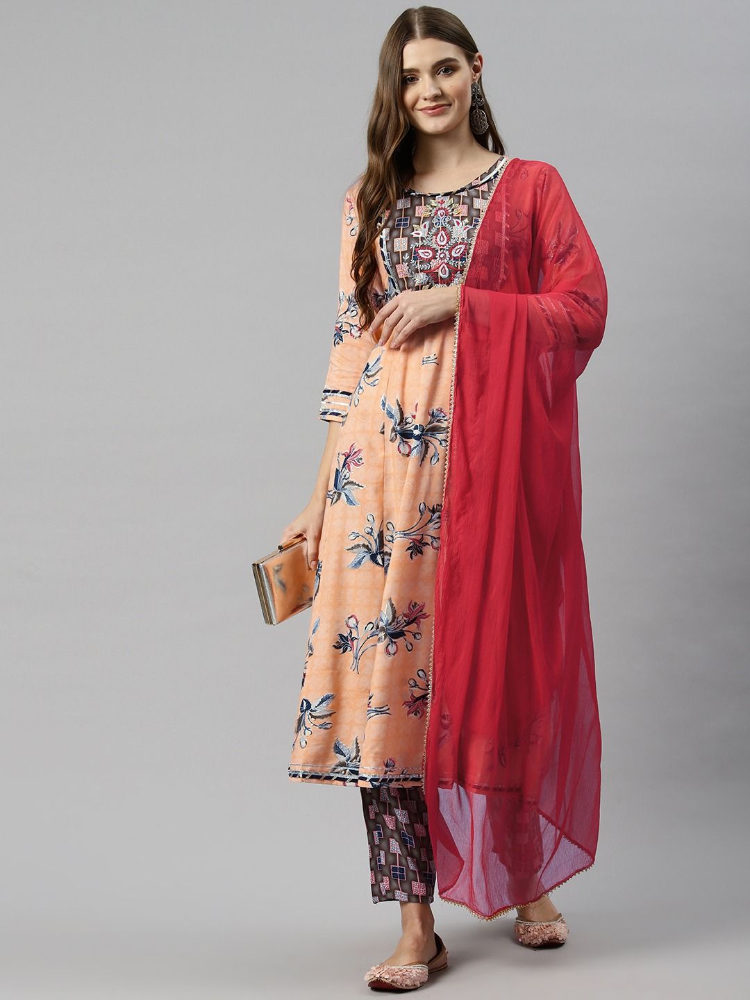 Anarkali Style Rayon Fabric Peach Color Kurta And Bottom With Dupatta