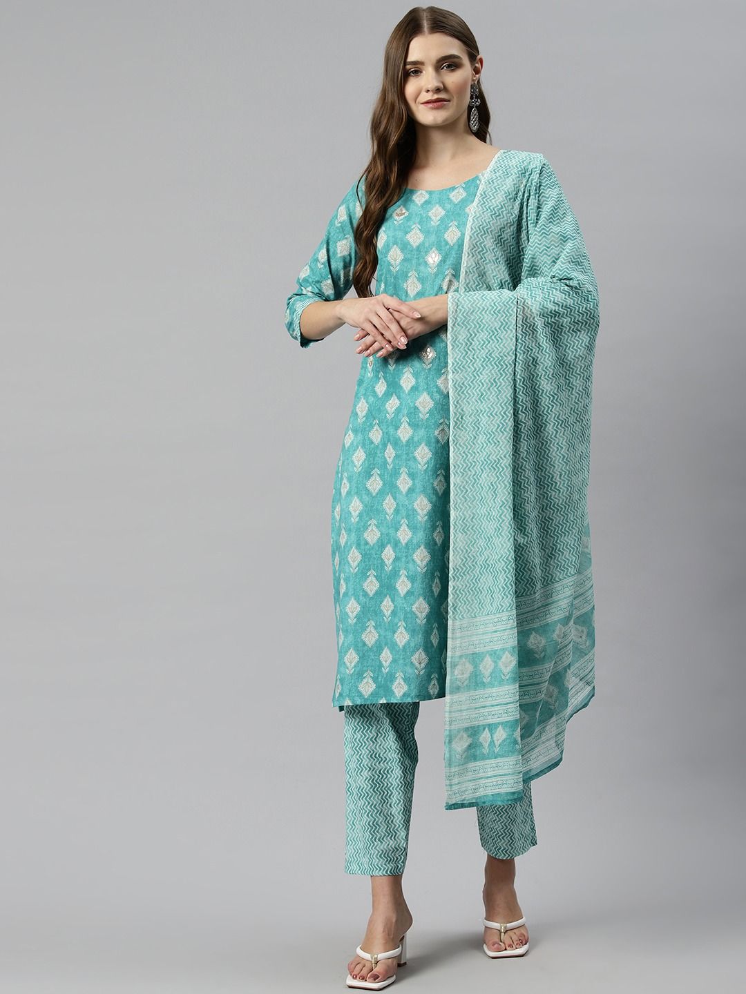 Straight Style Cotton Fabric Green Color Kurta And Bottom With Dupatta