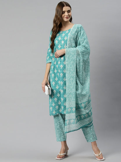 Straight Style Cotton Fabric Green Color Kurta And Bottom With Dupatta