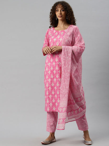 Straight Style Cotton Fabric Pink Color Kurta And Bottom With Dupatta