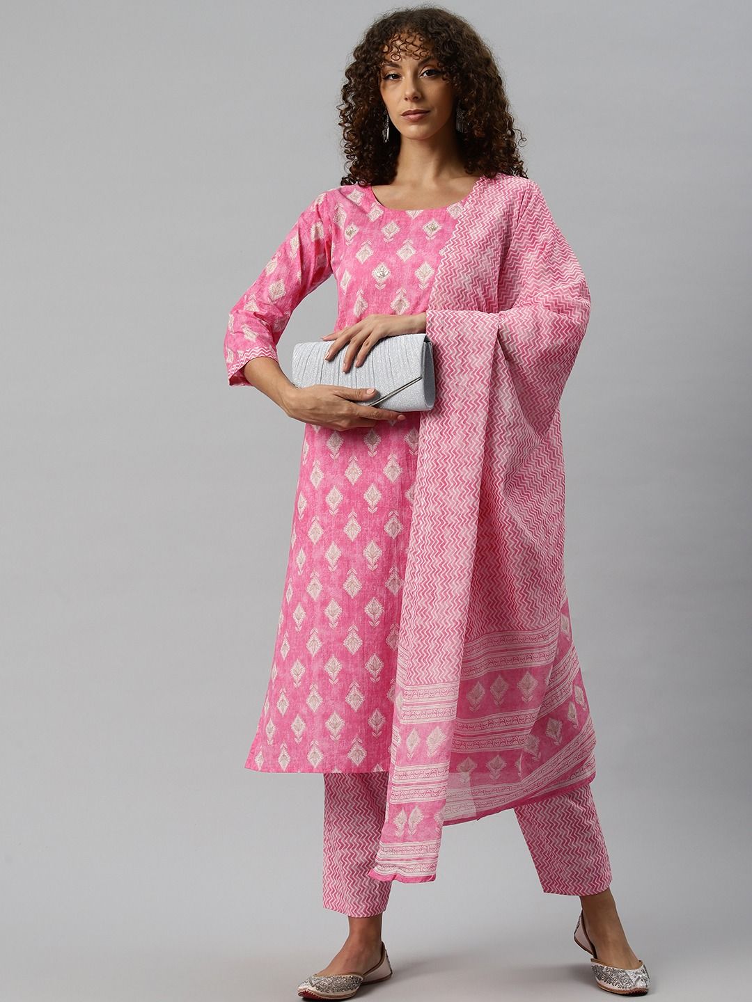 Straight Style Cotton Fabric Pink Color Kurta And Bottom With Dupatta