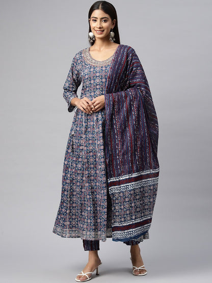 Anarkali Style Cotton Fabric Navy Blue Color Kurta With Bottom & Dupatta