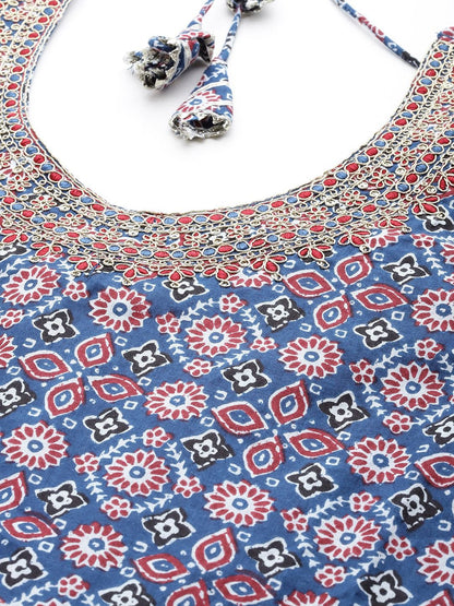 Anarkali Style Cotton Fabric Navy Blue Color Kurta With Bottom & Dupatta