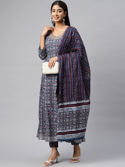 Anarkali Style Cotton Fabric Navy Blue Color Kurta With Bottom & Dupatta