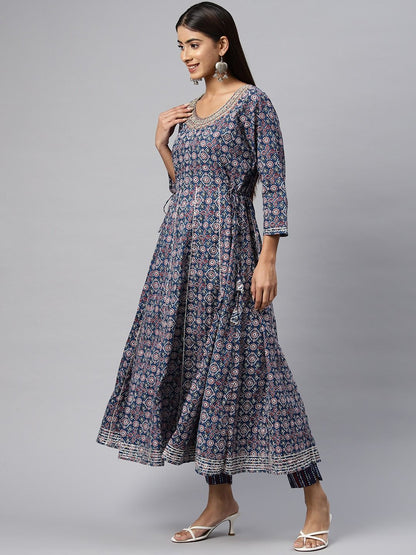 Anarkali Style Cotton Fabric Navy Blue Color Kurta With Bottom & Dupatta