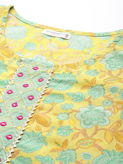 Straight Style Cotton Fabric Yellow Color Kurta With Bottom