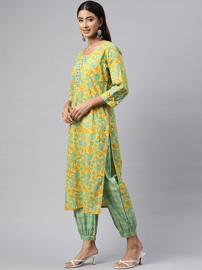 Straight Style Cotton Fabric Yellow Color Kurta With Bottom