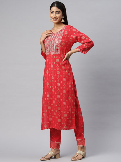 Straight  Style Rayon Fabric Red Color Kurta With Bottom