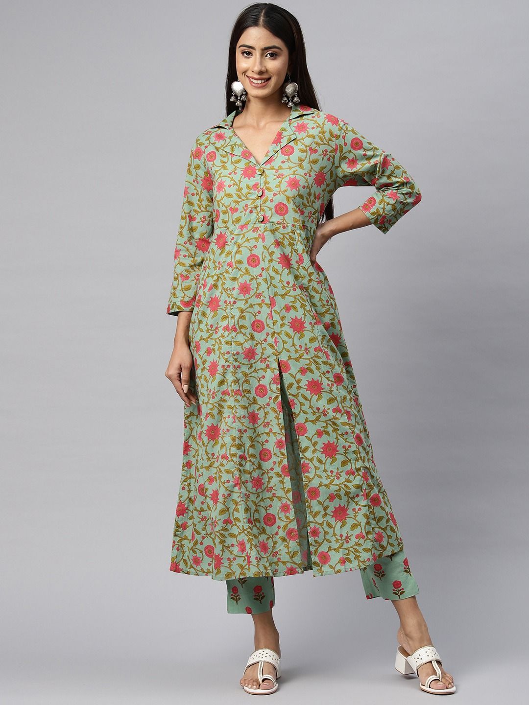 Anarkali Style Cotton Fabric Green Color Kurta With Bottom