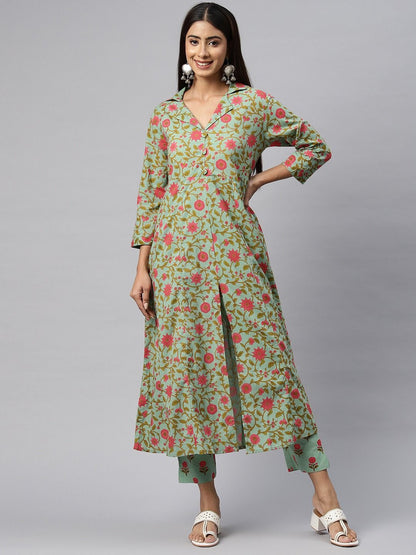 Anarkali Style Cotton Fabric Green Color Kurta With Bottom