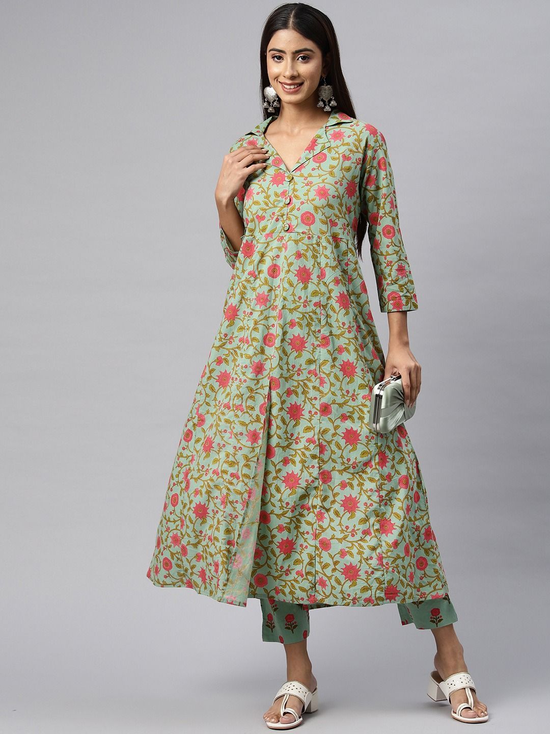 Anarkali Style Cotton Fabric Green Color Kurta With Bottom