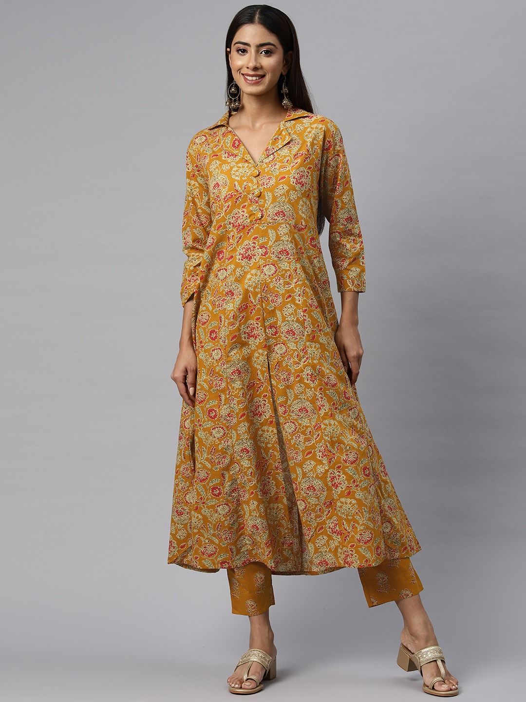 Anarkali Style Cotton Fabric Mustard Color Kurta With Bottom