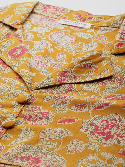Anarkali Style Cotton Fabric Mustard Color Kurta With Bottom