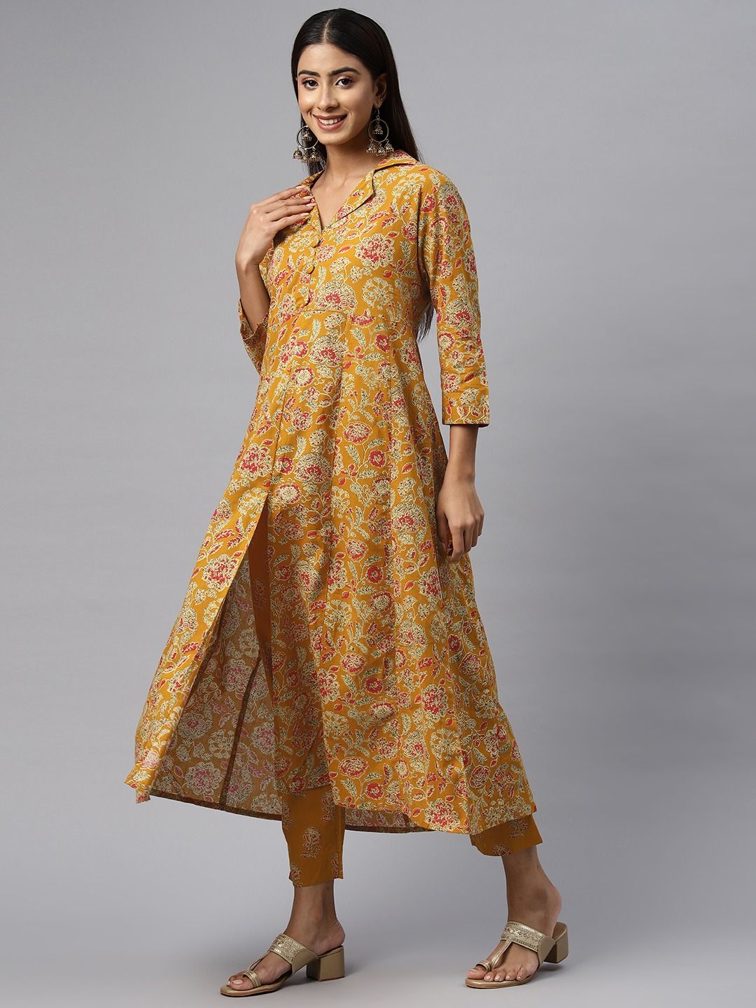 Anarkali Style Cotton Fabric Mustard Color Kurta With Bottom