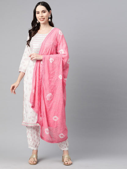 Straight Style Cotton Fabric Pink & White Color Kurta With Bottom