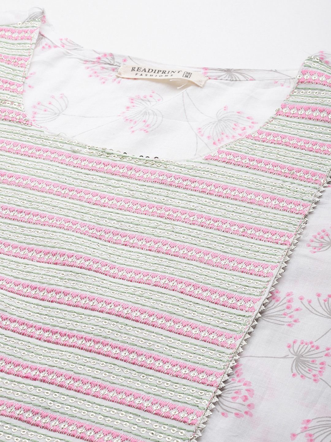 Straight Style Cotton Fabric Pink & White Color Kurta With Bottom