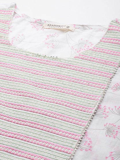 Straight Style Cotton Fabric Pink & White Color Kurta With Bottom