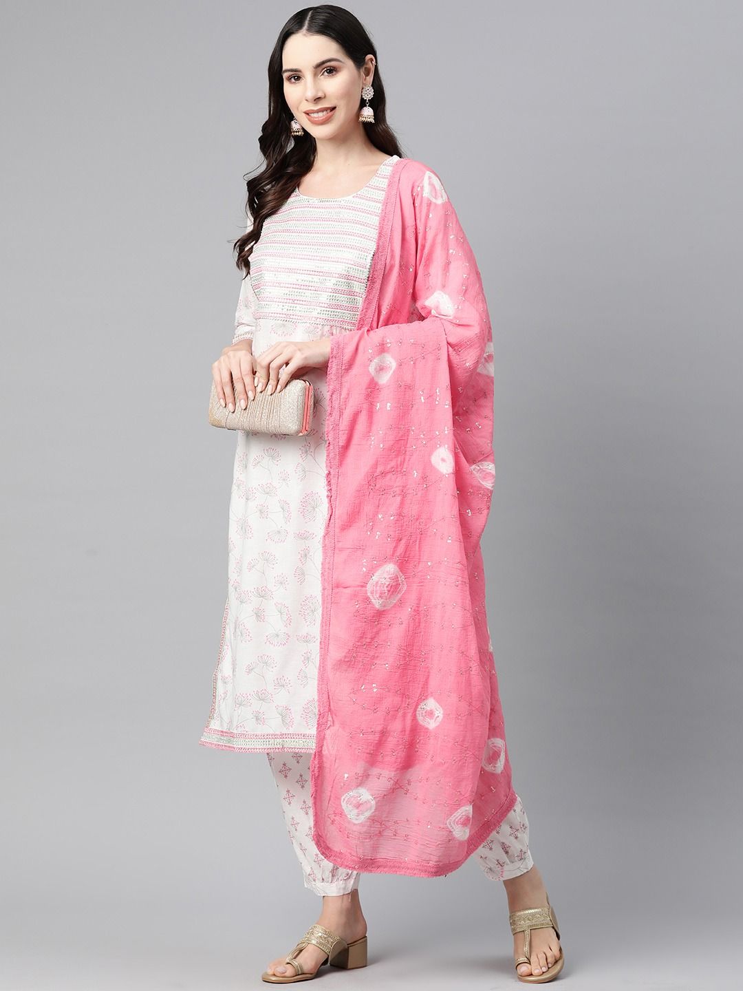 Straight Style Cotton Fabric Pink & White Color Kurta With Bottom