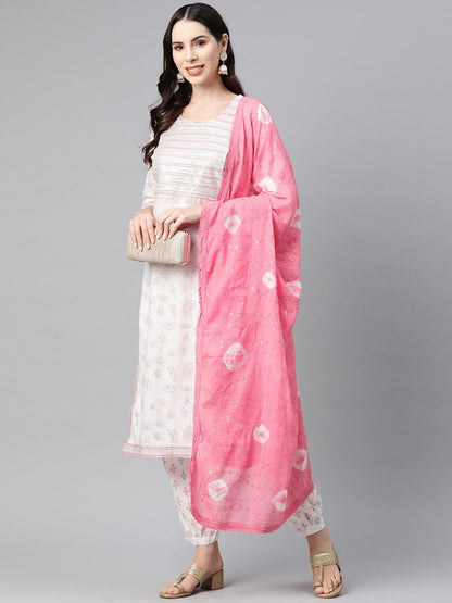 Straight Style Cotton Fabric Pink & White Color Kurta With Bottom