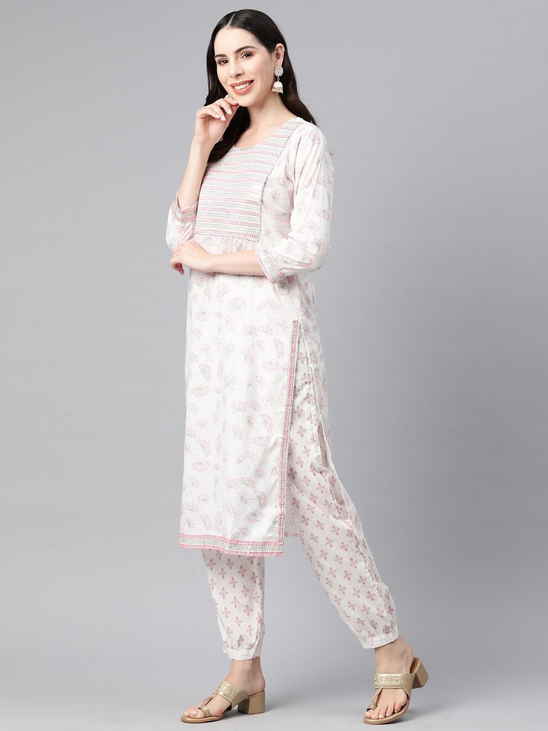 Straight Style Cotton Fabric Pink & White Color Kurta With Bottom